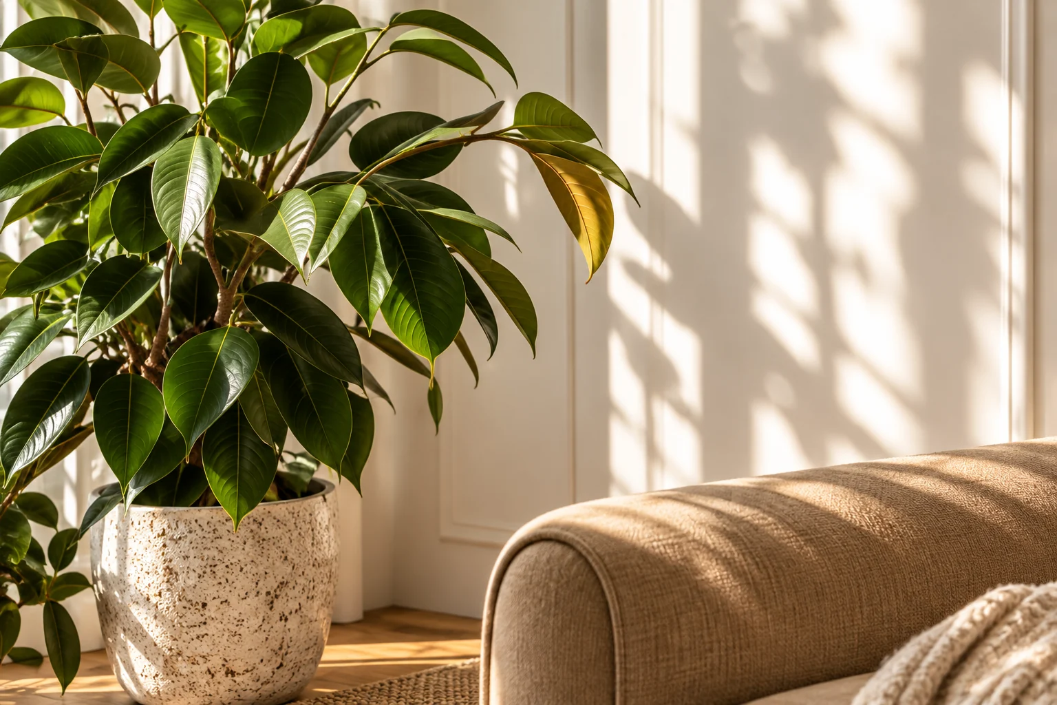 Un fauteuil et une plante dans la lumière d’une fenêtre