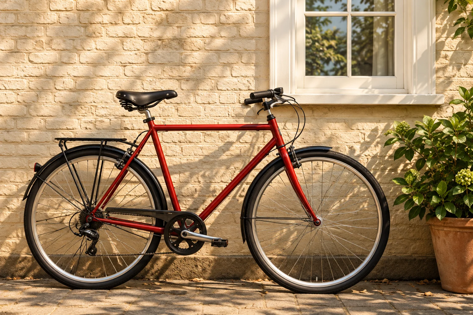 Un vélo rouge devant un mur clair et une fenêtre