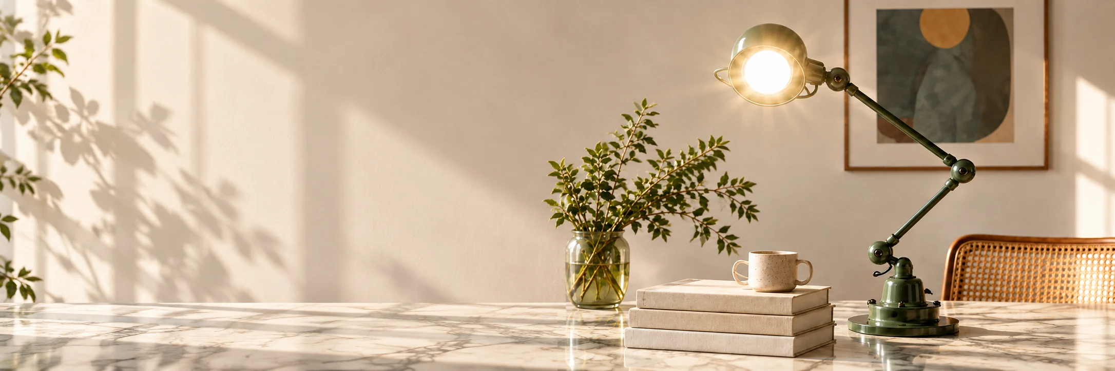 Lampe articulée verte éclairant un bureau avec des livres, une tasse et une plante