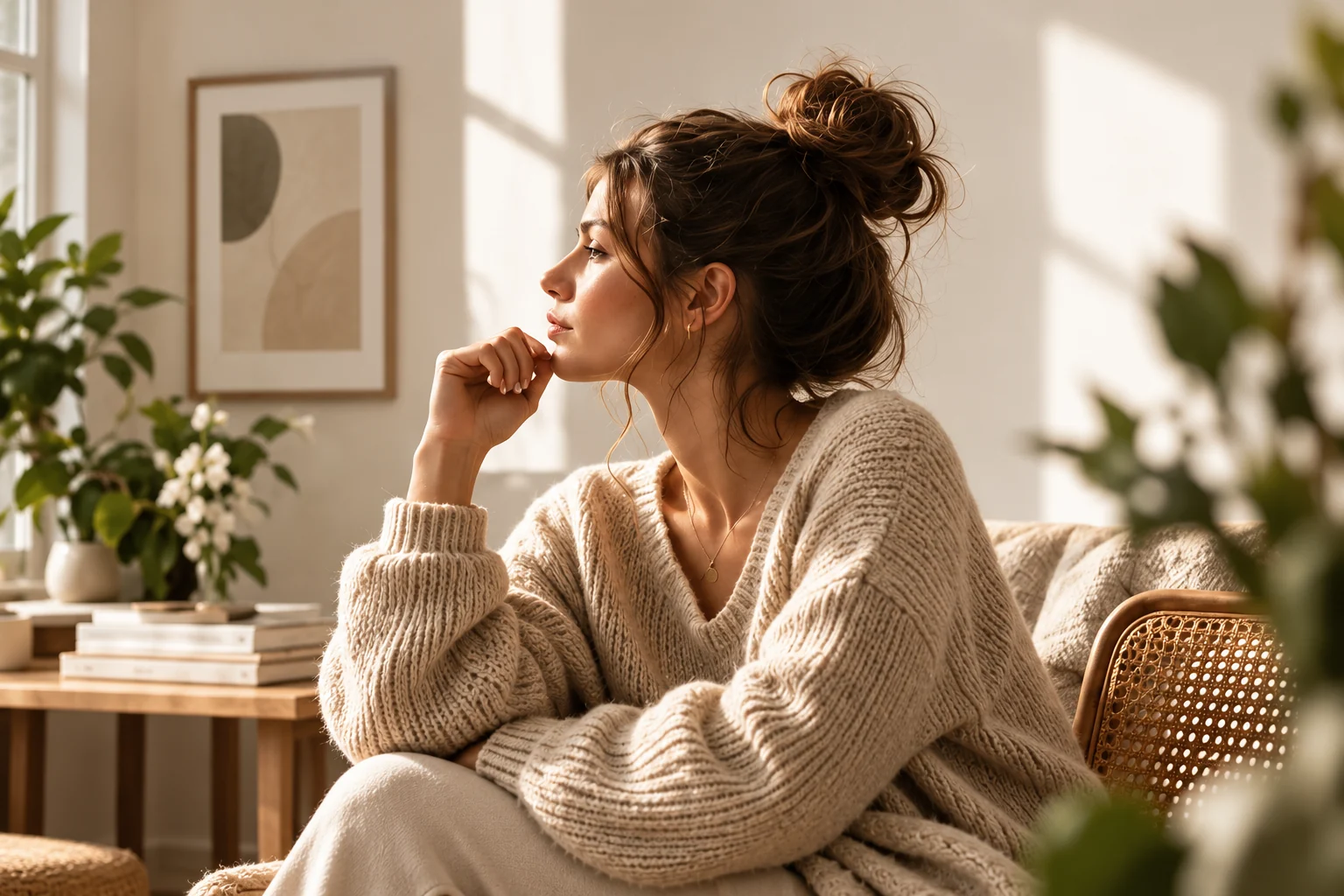 Une femme en pull beige regarde vers la fenêtre, assise dans un fauteuil