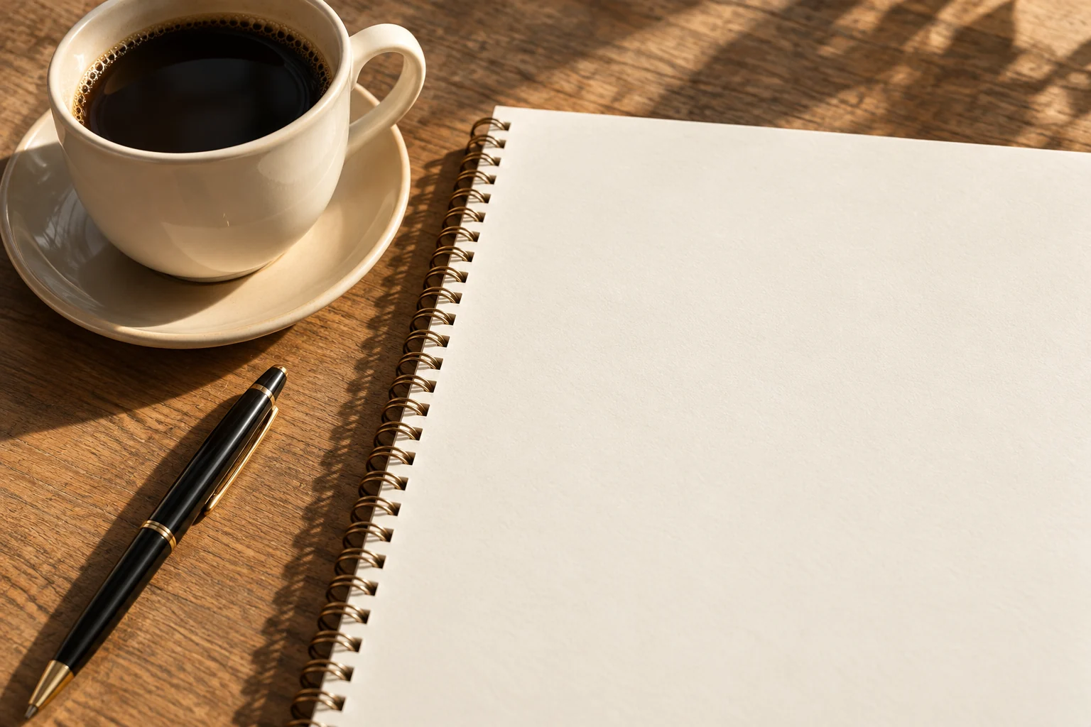 Un carnet ouvert et une tasse de café sur un bureau